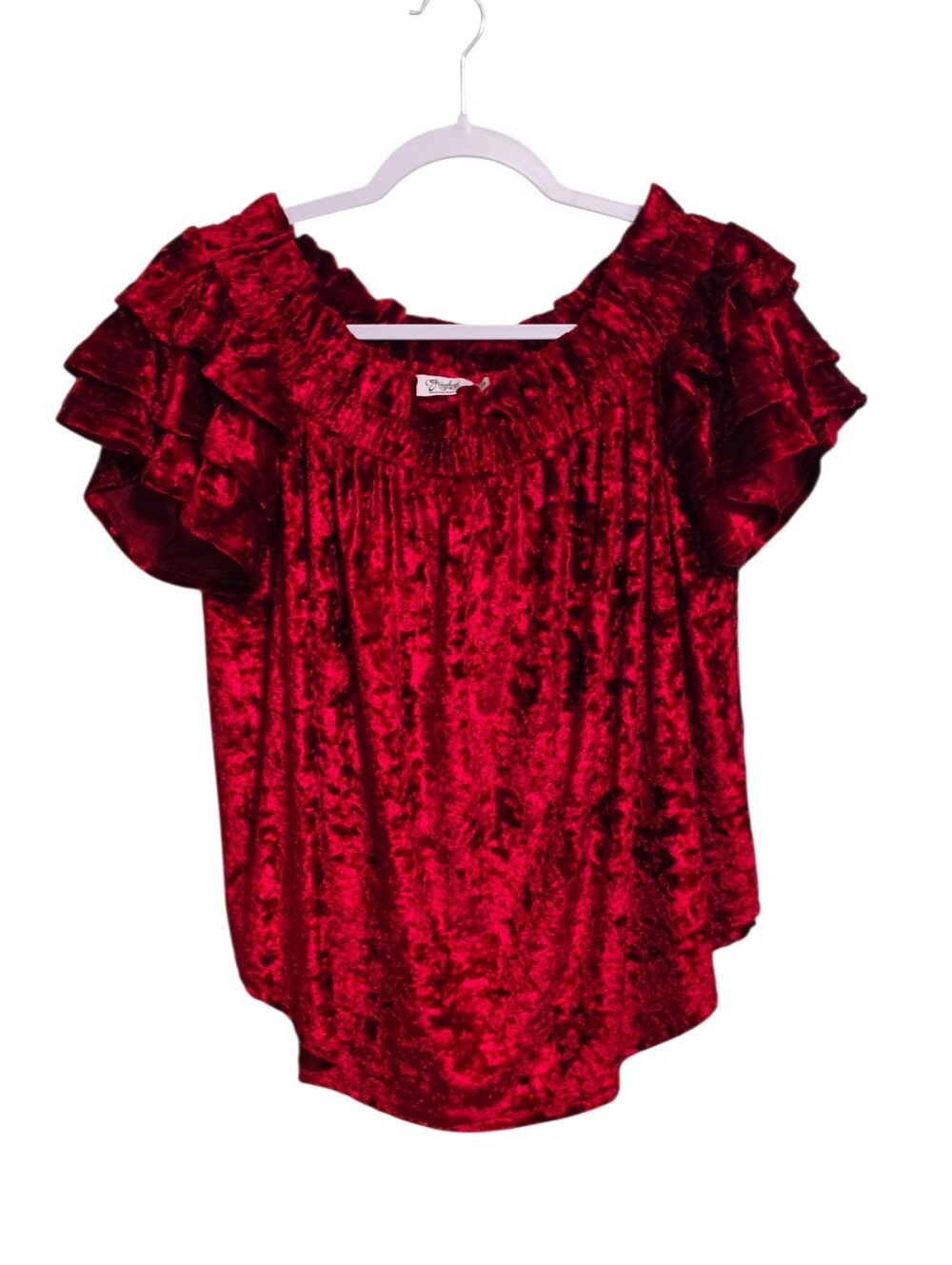 Grigsbys Red Crushed Velvet Top M Ruffled Tiered Sleeve